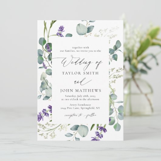 Waterverf eucalyptus lavendel kalligrafie bruiloft kaart (Staand voorkant)