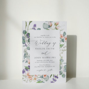 Waterverf eucalyptus lavendel perzik bruiloft kaart