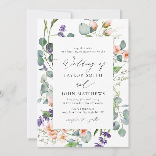 Waterverf eucalyptus lavendel perzik bruiloft kaart (Voorkant)