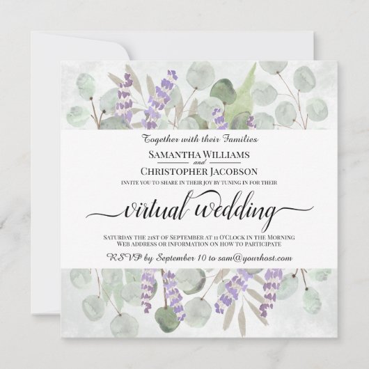 Waterverf Eucalyptus & Lavendel Virtual Wedding Kaart (Voorkant)