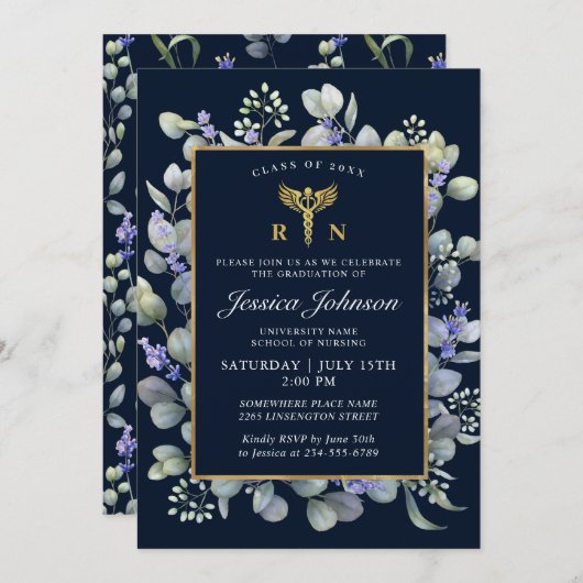 Waterverf Eucalyptus Lavender Nursing Afstuderen Kaart (Voorkant / Achterkant)