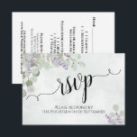 Waterverf Eucalyptus & Lavender Rustic Wedding RSVP Kaartje<br><div class="desc">Deze prachtige RSVP-kaarten maken het voor uw gasten gemakkelijk om te reageren op uw huwelijksuitnodiging. Het bijtende boho-schitterende ontwerp bevat handbeschilderde snijdsels van waterverf eucalyptusbladeren en lavendere bloemen in grijsgroene en lichte paarse tinten. De achterkant van de kaart is een formulier dat uw gasten kunnen invullen om aan te geven...</div>