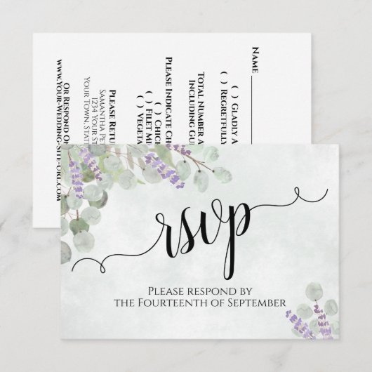 Waterverf Eucalyptus & Lavender Rustic Wedding RSVP Kaartje (Voorkant / Achterkant)
