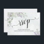 Waterverf Eucalyptus & Lavender Rustic Wedding RSVP Kaartje<br><div class="desc">Deze prachtige RSVP-kaarten maken het voor uw gasten gemakkelijk om te reageren op uw huwelijksuitnodiging. Het bijtende boho-schitterende ontwerp bevat handbeschilderde snijdsels van waterverf eucalyptusbladeren en lavendere bloemen in grijsgroene en lichte paarse tinten. De achterkant van de kaart is een formulier dat uw gasten kunnen invullen om aan te geven...</div>