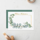 Waterverf Eucalyptus Leaves Greenery Gold Lijst Notitiekaartje (Voorkant / Achterkant in situ)