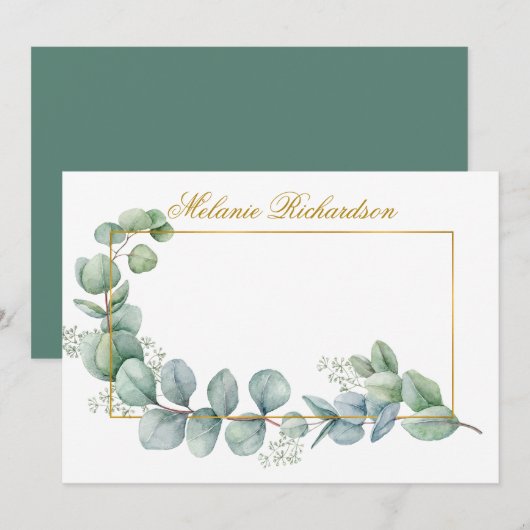 Waterverf Eucalyptus Leaves Greenery Gold Lijst Notitiekaartje (Voorkant / Achterkant)