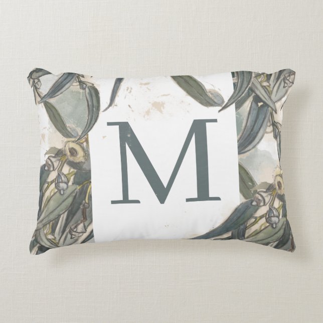 Waterverf Eucalyptus Leaves Greenery Monogram Accent Kussen (Voorkant)