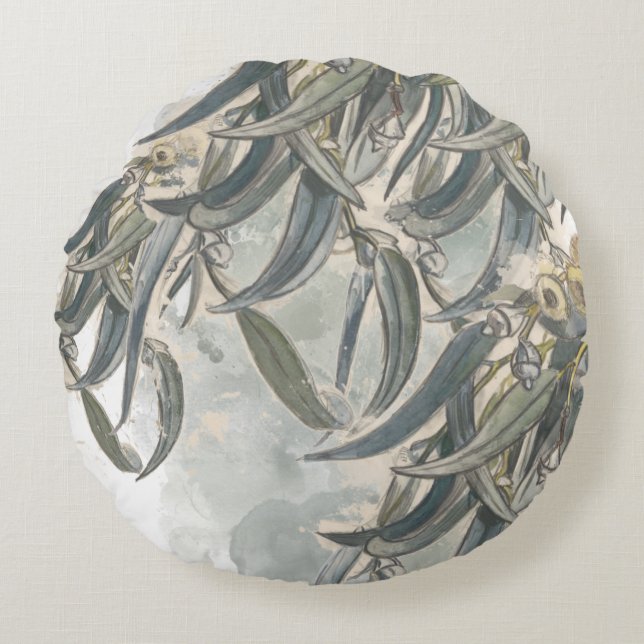 Waterverf Eucalyptus Leaves Greenery Rond Kussen (Voorkant)