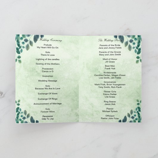 Waterverf Eucalyptus Leaves Wedding Program Kaart (Binnen)
