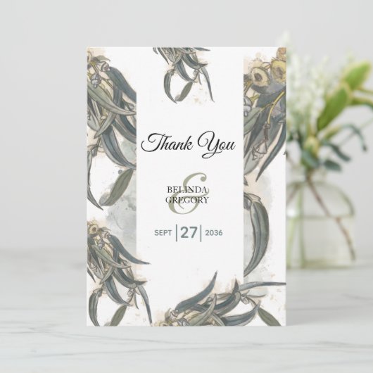 Waterverf Eucalyptus leveert groen huwelijk Bedankkaart (Staand voorkant)