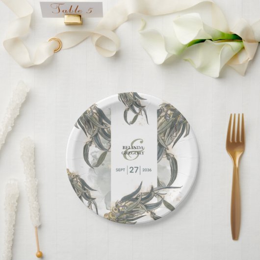 Waterverf Eucalyptus leveert groen huwelijk Papieren Bordje (Huwelijk)