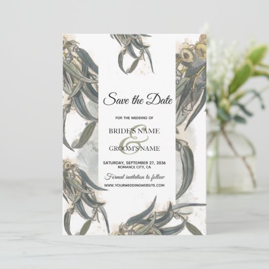 Waterverf Eucalyptus leveert groen huwelijk Save The Date (Staand voorkant)