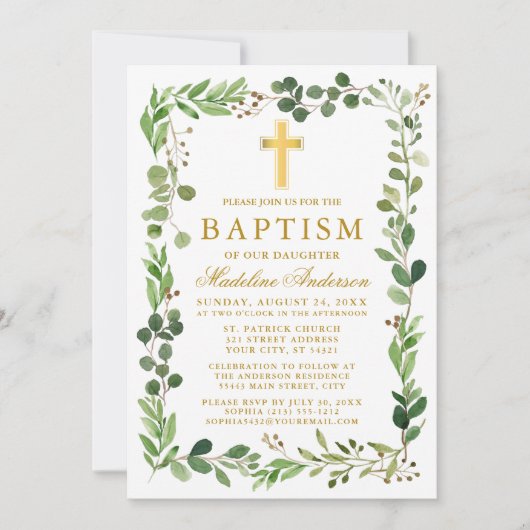 Waterverf Eucalyptus Lijst Gold Baptisme Kaart (Voorkant)