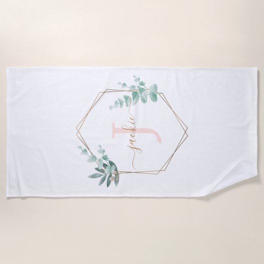 Waterverf Eucalyptus Lijst Monogram Strandlaken (Voorkant)