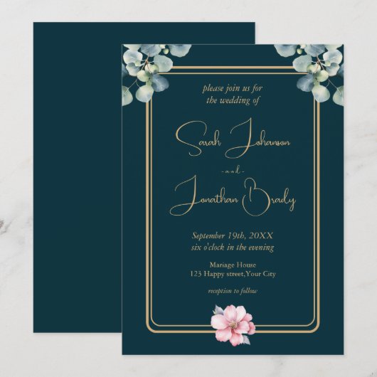 Waterverf Eucalyptus loof roze bloemenbruiloft Kaart (Voorkant / Achterkant)