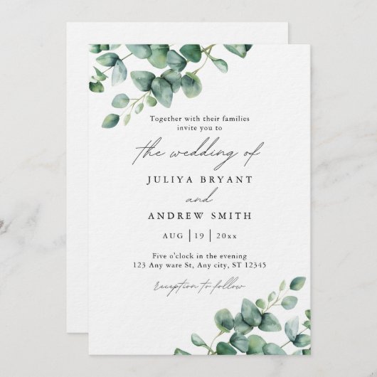 Waterverf Eucalyptus loof script bruiloft Kaart (Voorkant / Achterkant)