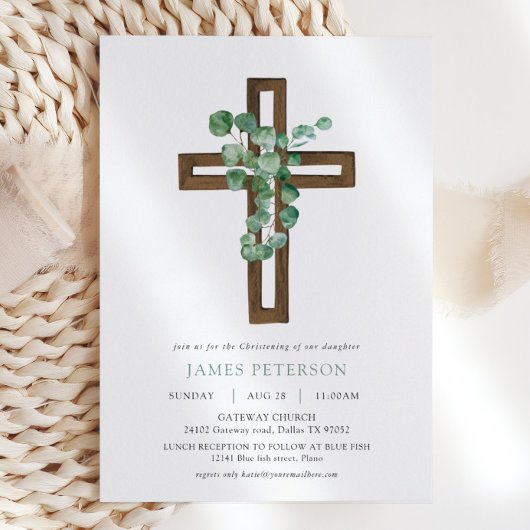 Waterverf Eucalyptus Modern Cross Christening Kaart