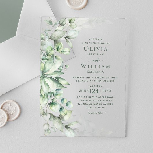Waterverf Eucalyptus Monogram Sage Green Wedding Acryl Uitnodigingen