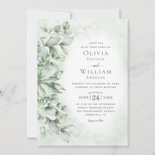 Waterverf Eucalyptus Monogram Sage Green Wedding Kaart (Voorkant)