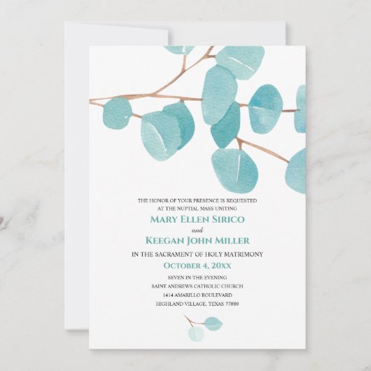 Waterverf Eucalyptus Nuptial Mass Invitation Kaart (Voorkant)