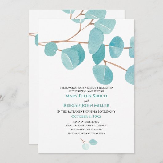 Waterverf Eucalyptus Nuptial Mass Invitation Kaart (Voorkant / Achterkant)