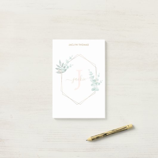 Waterverf Eucalyptus-omhuld monogram Post-it® Notes (Op bureau)