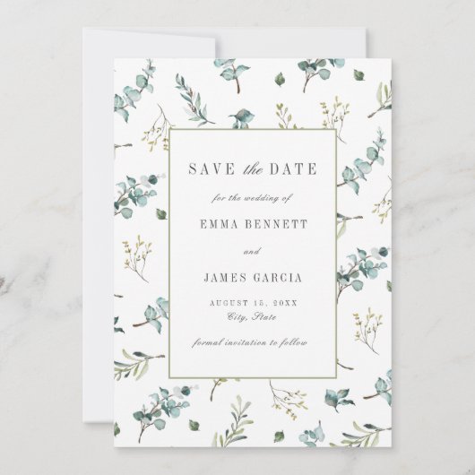 Waterverf Eucalyptus Pattern Foto Weddenschap Save The Date (Achterkant)