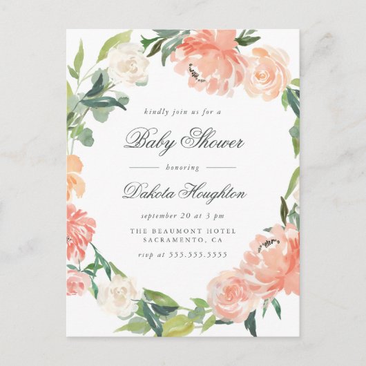 Waterverf Eucalyptus & Peonies Baby shower Uitnodiging Briefkaart (Voorkant)