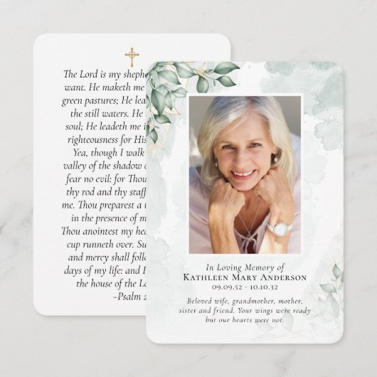 Waterverf Eucalyptus Photo Memorial Prayer Card Notitiekaartje (Voorkant / Achterkant)