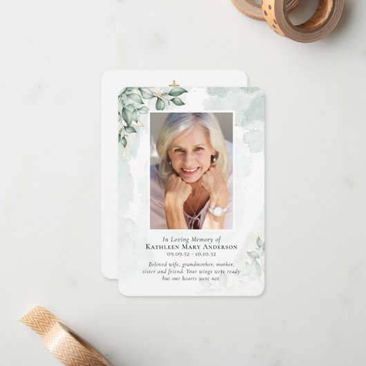 Waterverf Eucalyptus Photo Memorial Prayer Card Notitiekaartje (Voorkant / Achterkant in situ)