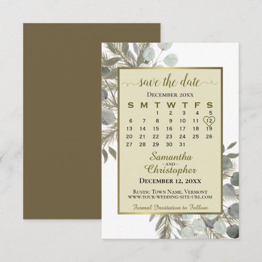Waterverf Eucalyptus Pine Calendar Gold Wedding Save The Date (Voorkant / Achterkant)
