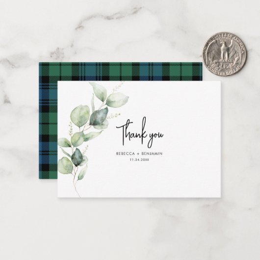 Waterverf Eucalyptus Plaid bruiloft Dank u Notitiekaartje (Voorkant / Achterkant in situ)