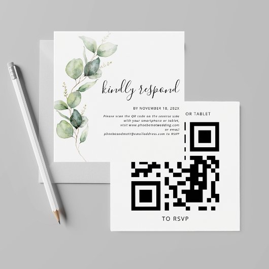 Waterverf Eucalyptus QR Code Trouwwebsite RSVP Vierkante Visitekaartjes