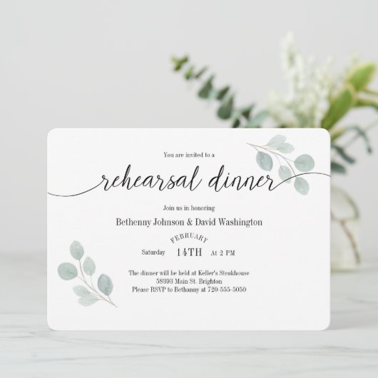 Waterverf eucalyptus repetitie diner uitnodiging (Staand voorkant)