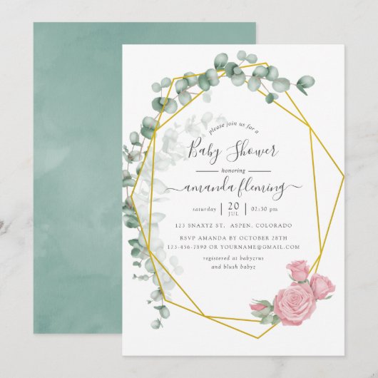 Waterverf Eucalyptus Roos Geometrisch Baby shower Kaart (Voorkant / Achterkant)