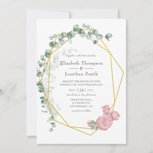 Waterverf Eucalyptus Roos Geometrische bruiloft Kaart (Voorkant)