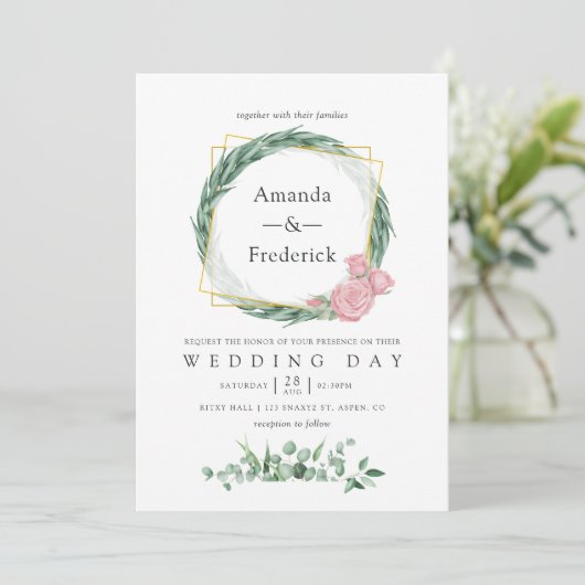 Waterverf Eucalyptus Roos Geometrische bruiloft Kaart (Staand voorkant)