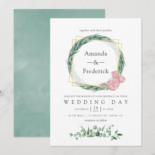 Waterverf Eucalyptus Roos Geometrische bruiloft Kaart (Voorkant / Achterkant)