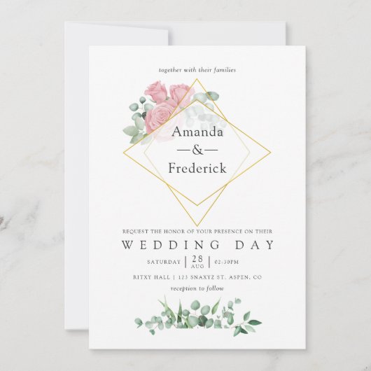 Waterverf Eucalyptus Roos Geometrische bruiloft Kaart (Voorkant)