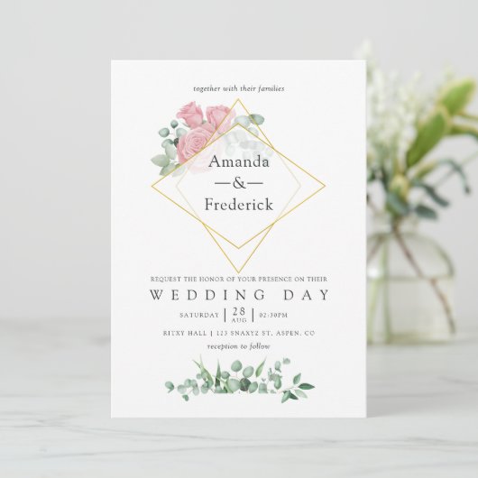 Waterverf Eucalyptus Roos Geometrische bruiloft Kaart (Staand voorkant)