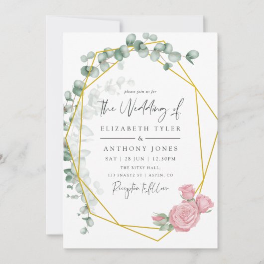 Waterverf Eucalyptus Roos Geometrische bruiloft Kaart (Voorkant)