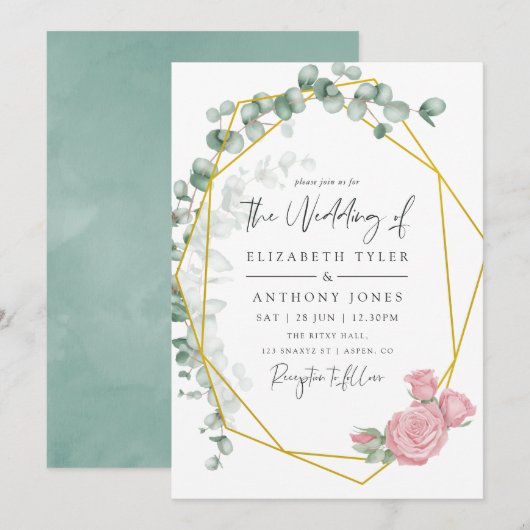 Waterverf Eucalyptus Roos Geometrische bruiloft Kaart (Voorkant / Achterkant)