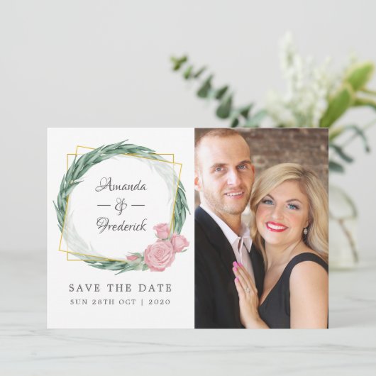 Waterverf Eucalyptus Roos Geometrische Trouwdag Save The Date (Staand voorkant)