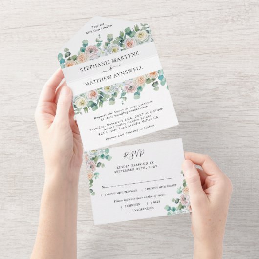 Waterverf Eucalyptus Rozen Floral Wedding All In One Uitnodiging (Afscheurbaar)