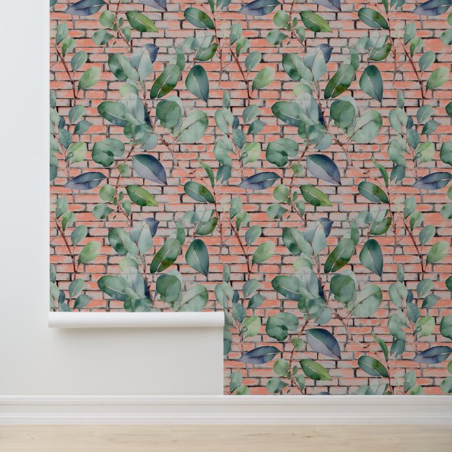 Waterverf Eucalyptus rustieke baksteen verlaat gro Behang (Applicatie)
