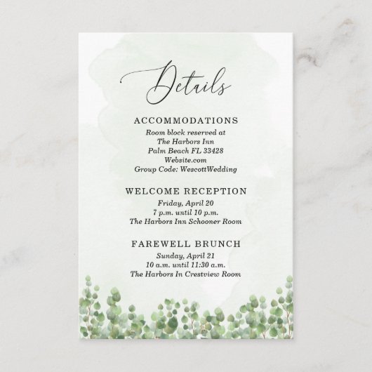 Waterverf Eucalyptus Sage Green Wedding Details Informatiekaartje (Voorkant)