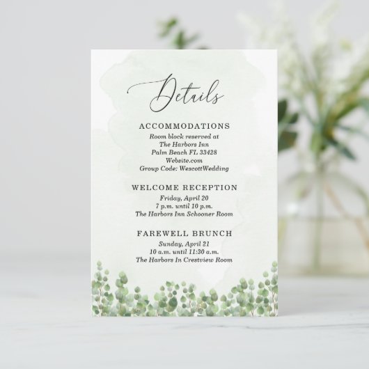 Waterverf Eucalyptus Sage Green Wedding Details Informatiekaartje (Staand voorkant)