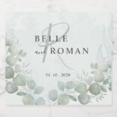 Waterverf Eucalyptus Salie Groene Monogram Bruilof Sparkling Wijnetiket (Enkel label)