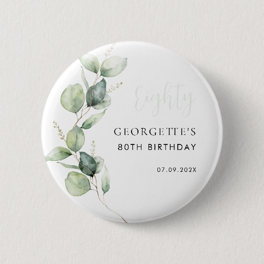 Waterverf Eucalyptus Script 80ste Verjaardag Ronde Button 5,7 Cm (Voorkant)