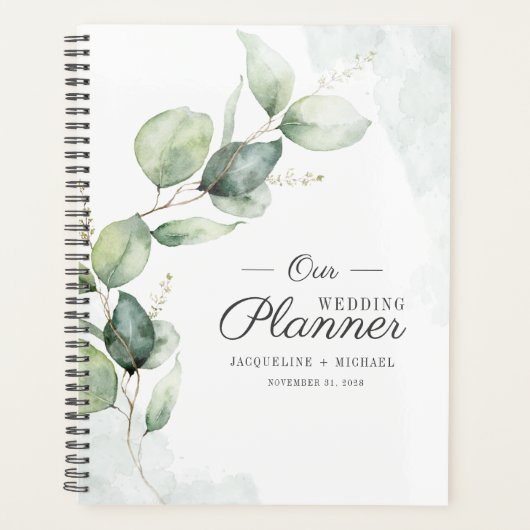Waterverf Eucalyptus Script Bloemrijke Trouwdag Planner (Voorkant)